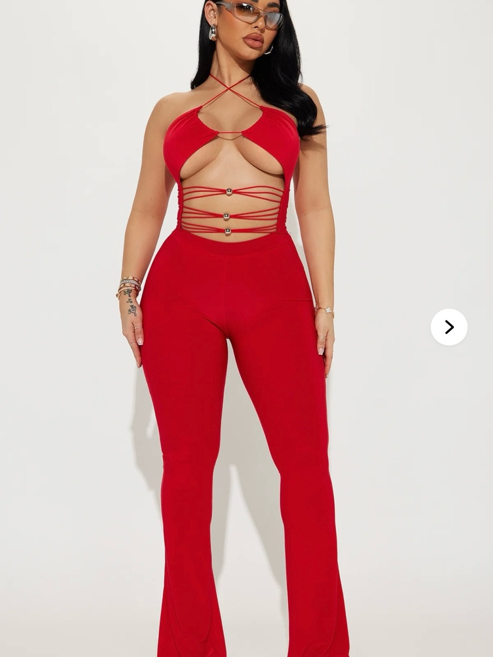 Fashion Nova Red Strappy Cutout Flare Jumpsuit